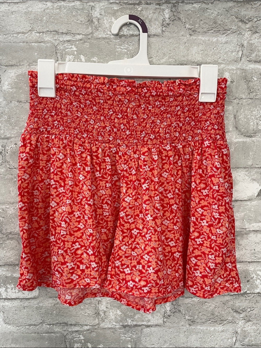 aerie Red Floral High-Waist Smocked Shorts